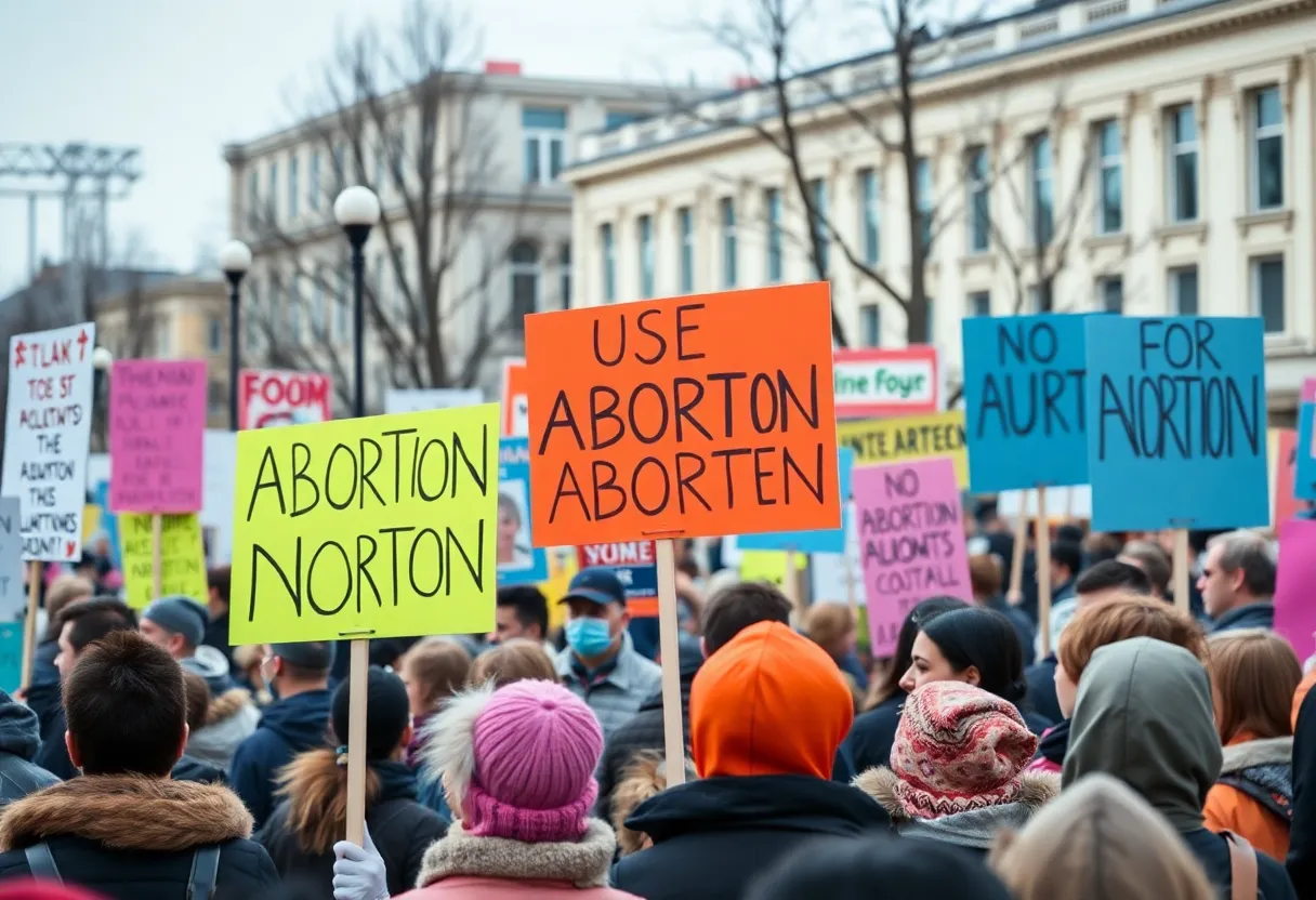 Protesters at the St. Petersburg abortion rights rally holding signs