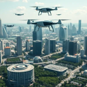 Futuristic eVTOL air taxis flying over St. Petersburg