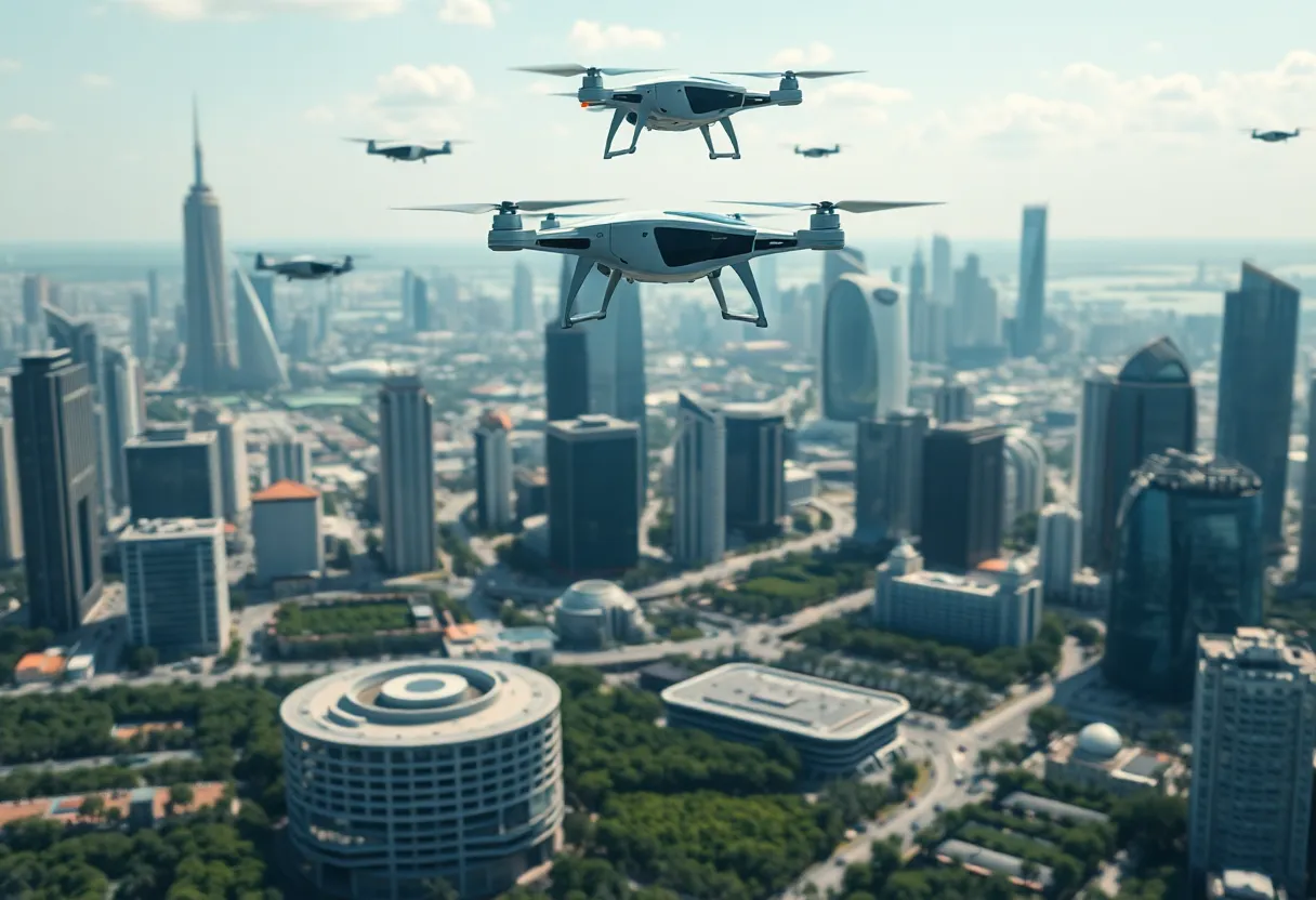 Futuristic eVTOL air taxis flying over St. Petersburg