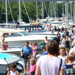 A lively boat show in St. Petersburg featuring different types of boats and families participating in activities.