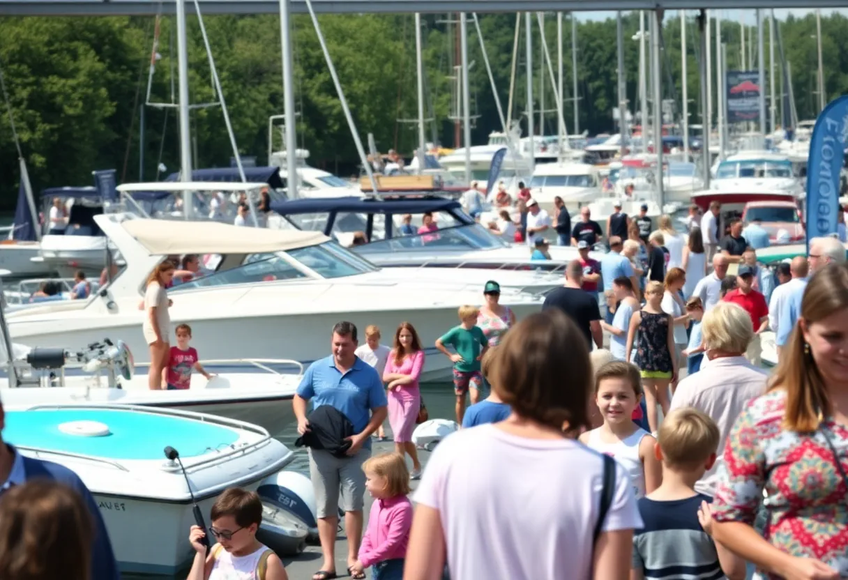 A lively boat show in St. Petersburg featuring different types of boats and families participating in activities.