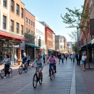 Urban scene illustrating the connectivity between South St. Pete and downtown with pedestrians and cyclists.