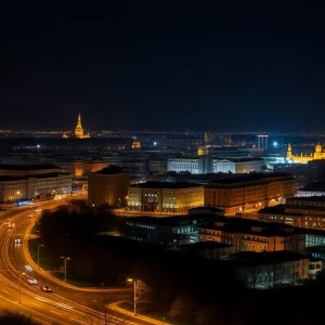 A view of St. Petersburg during a power outage with no lights in the city.