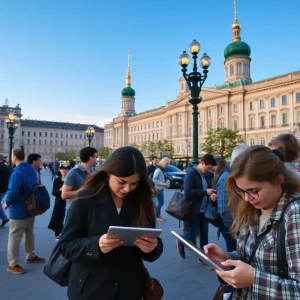 People in St. Petersburg engaging with technology outdoors.