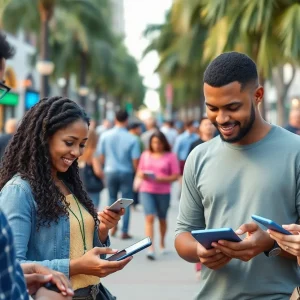 Residents of St. Petersburg engaging with technology in a community setting