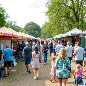 Scene from a St. Petersburg local festival with vendors and visitors