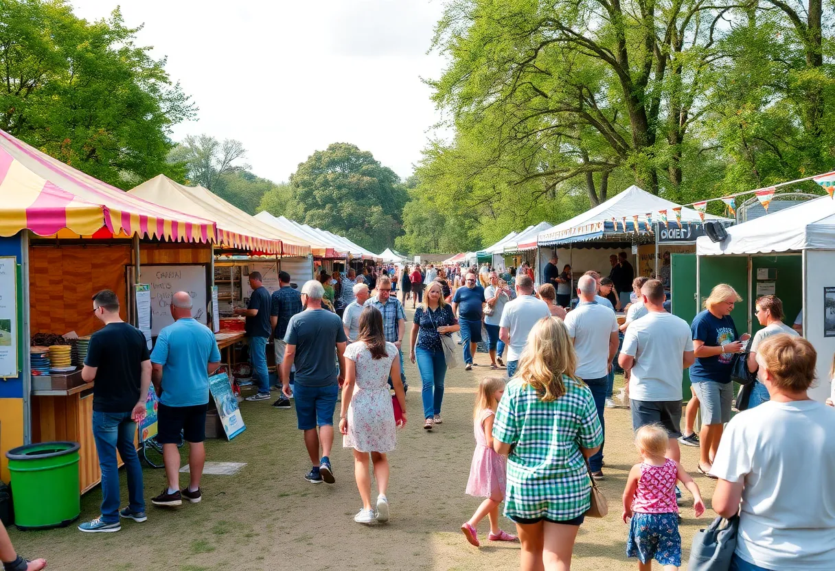 Scene from a St. Petersburg local festival with vendors and visitors