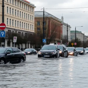 Flooded street in St. Petersburg with submerged cars