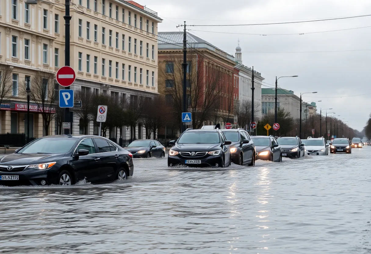 Flooded street in St. Petersburg with submerged cars