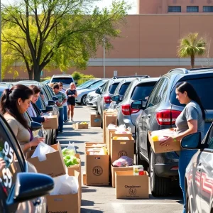 Volunteers distributing groceries at a community giveaway in St. Petersburg