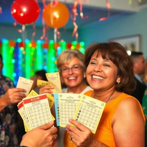 Celebration of a lottery win in St. Petersburg with scratch-off tickets.