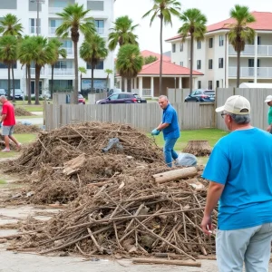 Community members participating in debris removal after hurricanes in St. Petersburg.