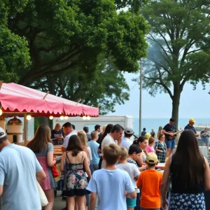 Families and friends enjoying the St. Petersburg Seafood Festival with food stalls and live music.