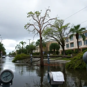 St. Petersburg cityscape post-hurricane with water meters