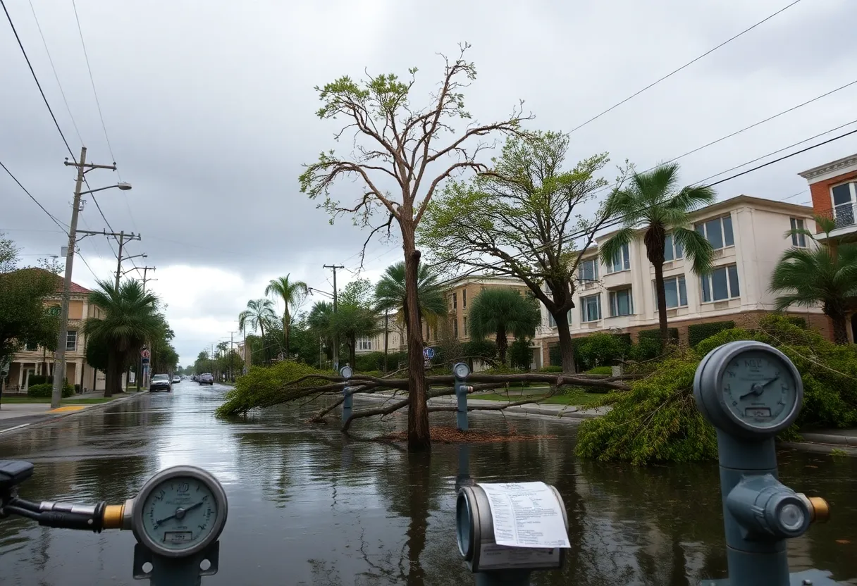 St. Petersburg cityscape post-hurricane with water meters