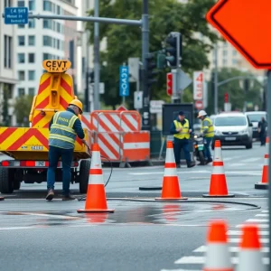 Workers repairing a water leak at an intersection with traffic cones