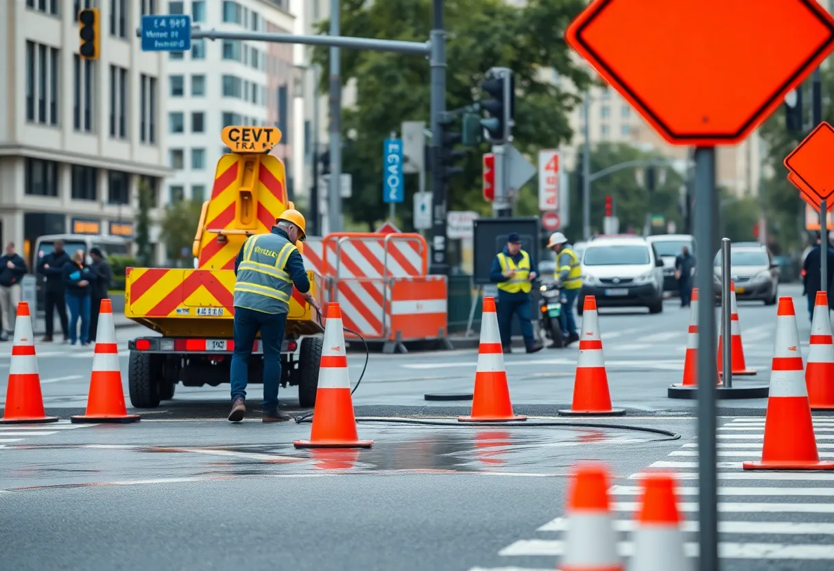 Workers repairing a water leak at an intersection with traffic cones