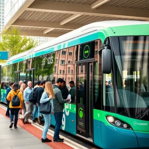 People boarding the SunRunner transit buses at a new station in St. Petersburg