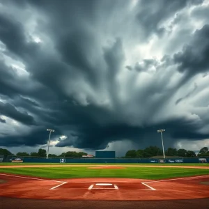 Baseball field with storm clouds representing the uncertain future of the Tampa Bay Rays after Hurricane Milton