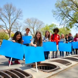 Teenagers placing placards on storm drains in St. Petersburg