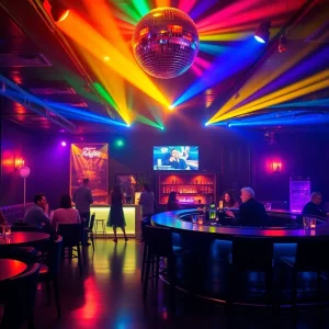 Interior of The Ball, a new cocktail lounge in St. Petersburg with disco lights