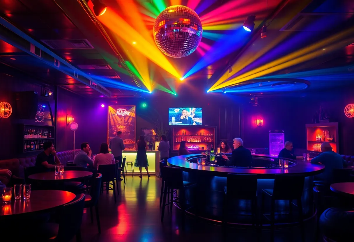 Interior of The Ball, a new cocktail lounge in St. Petersburg with disco lights