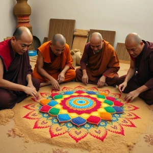 Monks creating a vibrant sand mandala in St. Petersburg