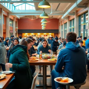 Students gathered in a university dining hall enjoying meals and laughter.
