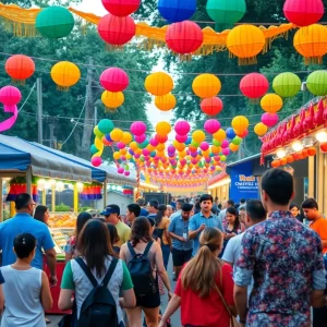 Festival scene in the Bay Area with food stalls and live music.