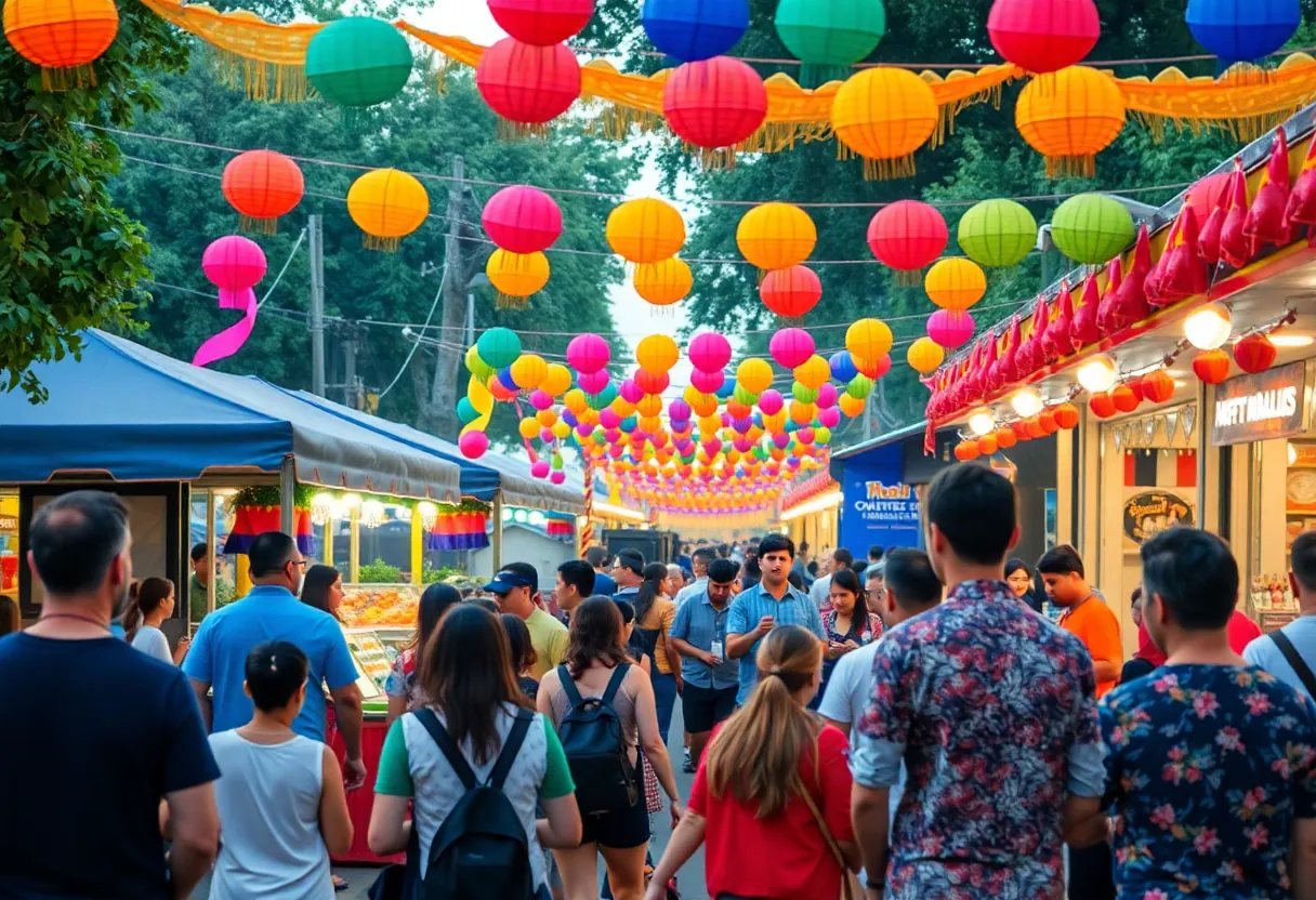 Festival scene in the Bay Area with food stalls and live music.