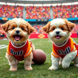 Buster and Sky, two playful puppies, poised for the Puppy Bowl XXI on a vibrant football field