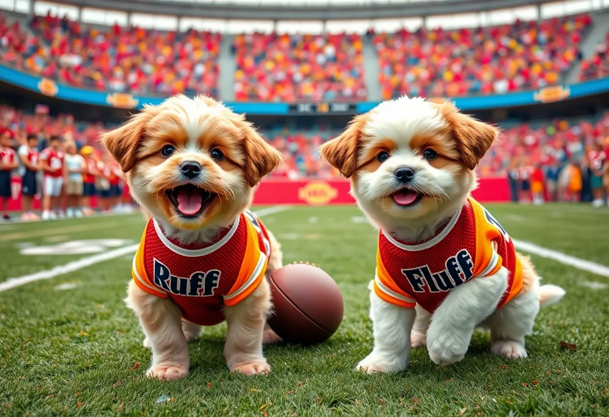 Buster and Sky, two playful puppies, poised for the Puppy Bowl XXI on a vibrant football field