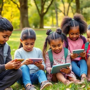 Diverse children using digital devices in a park setting