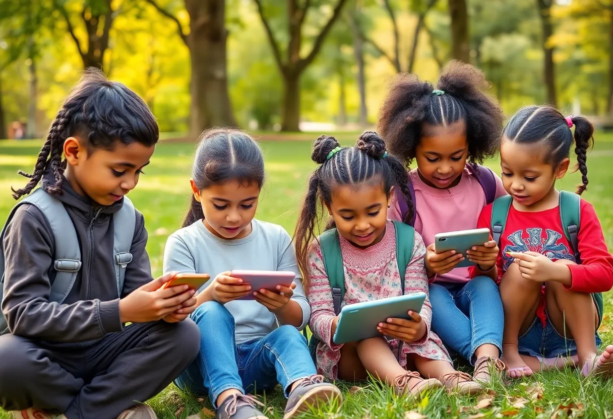 Diverse children using digital devices in a park setting