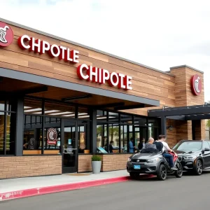 Exterior view of Chipotle restaurant with Chipotlane drive-thru.