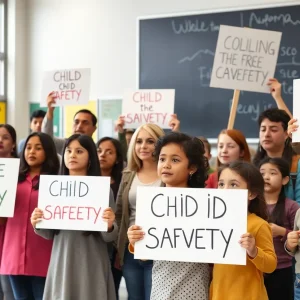 Parents and children gathering for child safety awareness