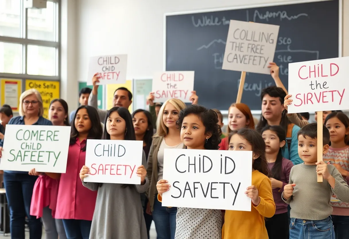 Parents and children gathering for child safety awareness