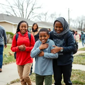 Community members celebrating the safe return of missing boys in St. Petersburg.