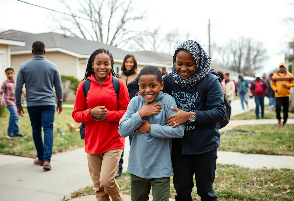 Community members celebrating the safe return of missing boys in St. Petersburg.