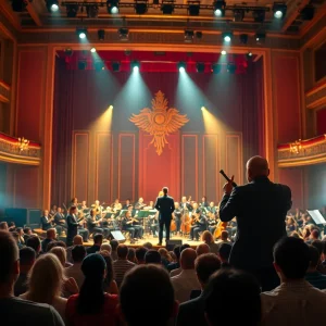 Concert performance featuring a singer and orchestra with an audience