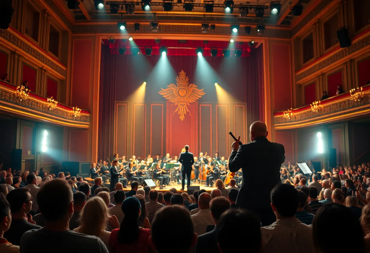 Concert performance featuring a singer and orchestra with an audience