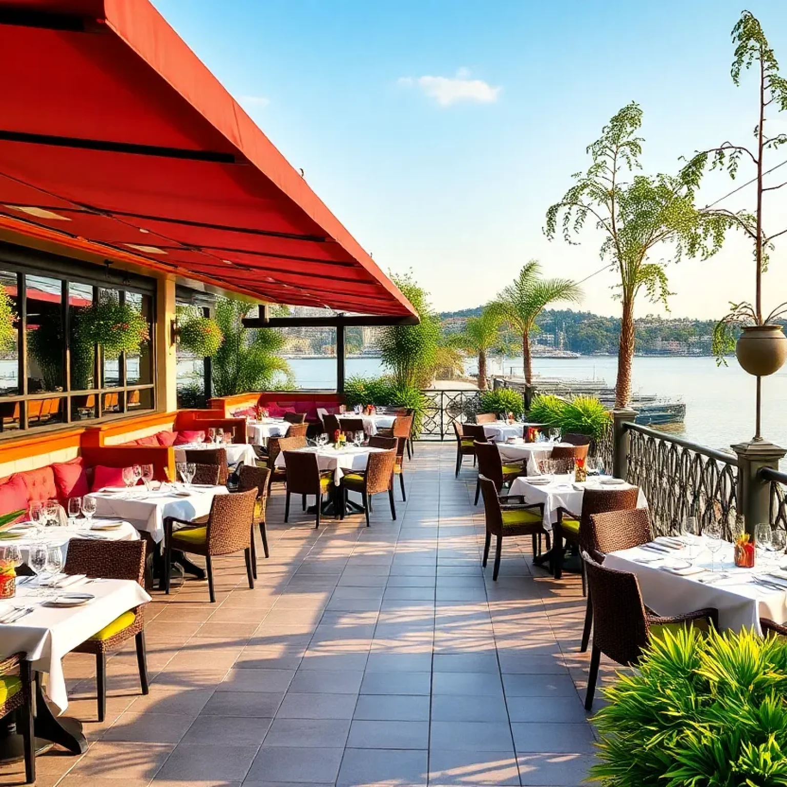 Elliot Aster restaurant with outdoor terrace overlooking waterfront