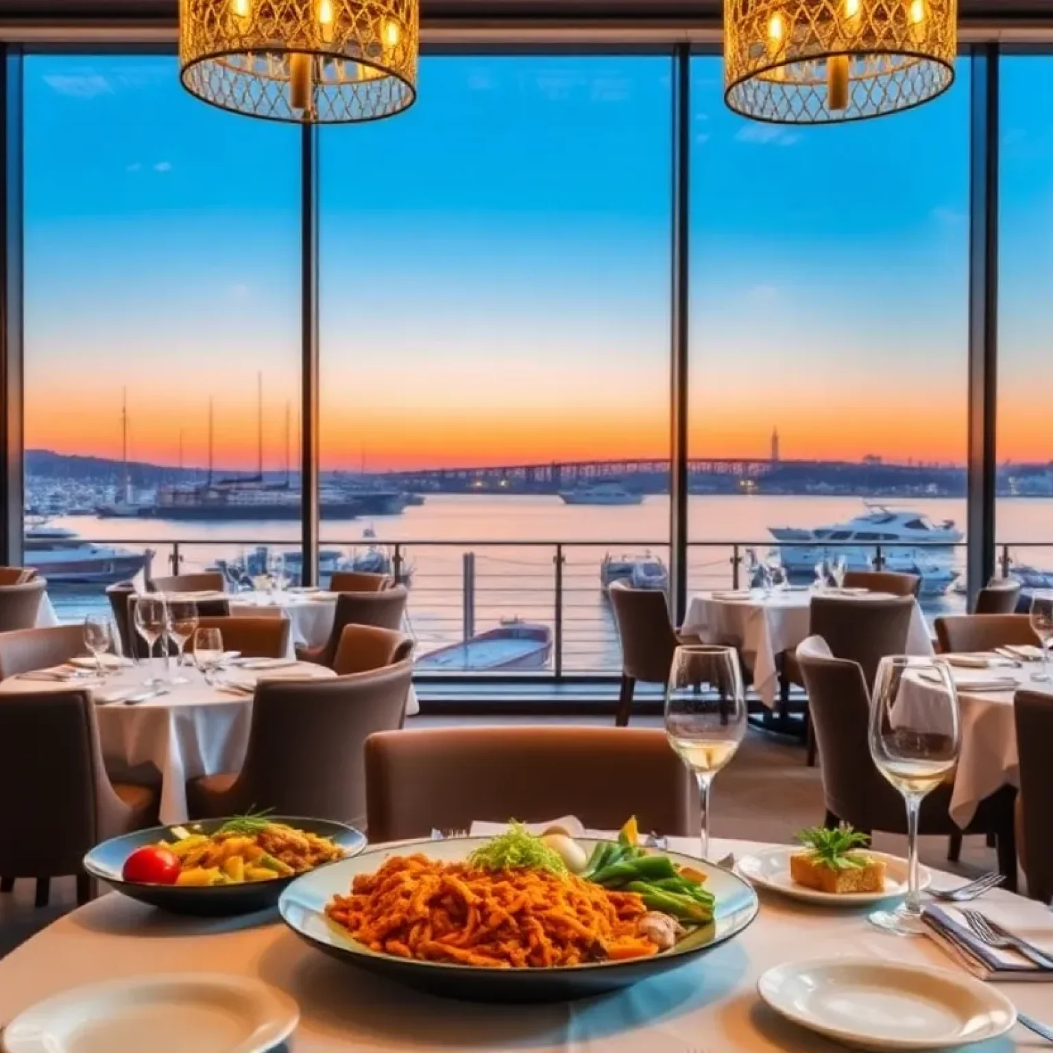 Elegant dining area of Elliott Aster restaurant with waterfront views