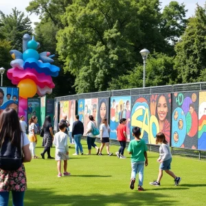 Outdoor art exhibition featuring colorful artwork in a park