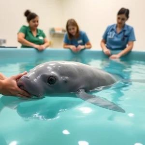 Baby manatee Enzo receiving care in a heated pool at ZooTampa