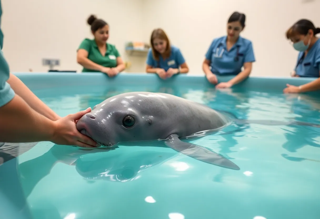 Baby manatee Enzo receiving care in a heated pool at ZooTampa