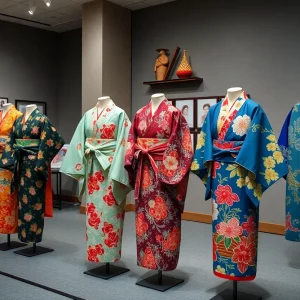 A beautiful array of traditional Japanese kimonos displayed in a museum setting.