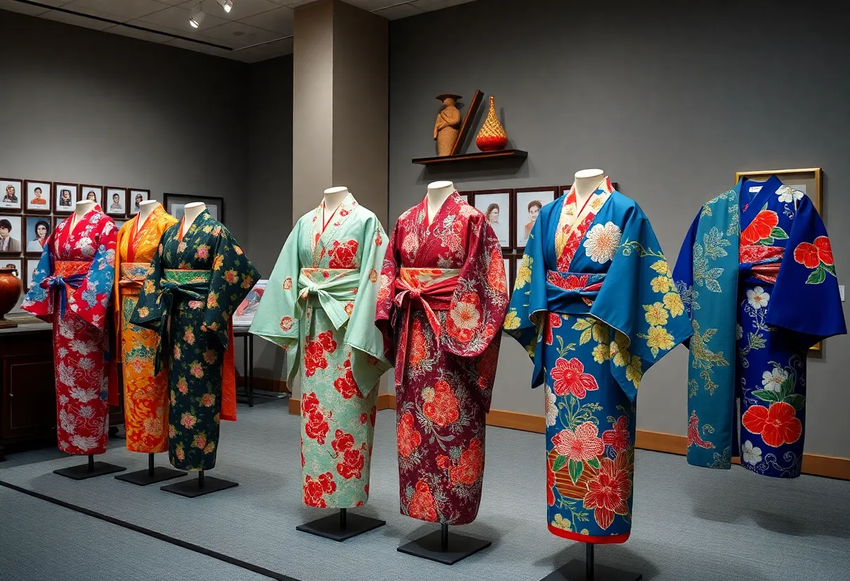 A beautiful array of traditional Japanese kimonos displayed in a museum setting.