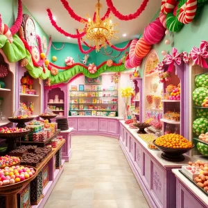 Interior view of a colorful candy shop with various chocolate treats.