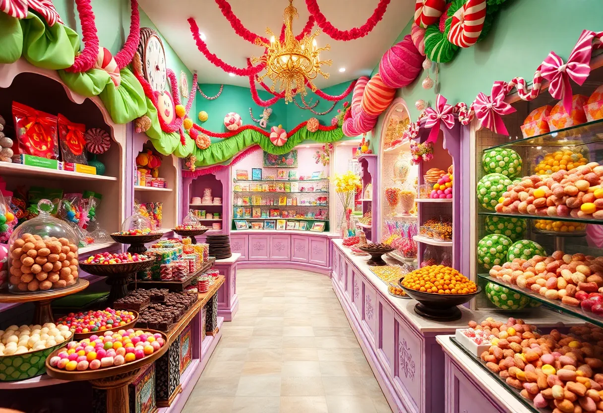 Interior view of a colorful candy shop with various chocolate treats.